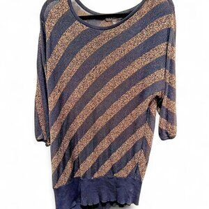 Rock & Republic Copper Sparkle & Black Striped 3/4 Length Sweater Tunic Top - XL